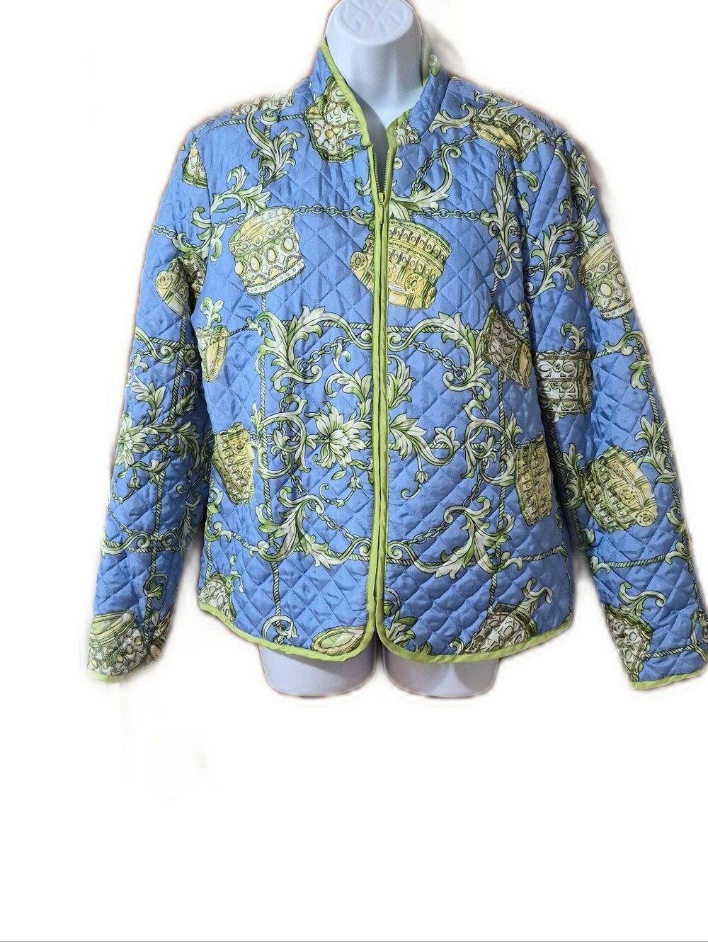 Silkland  Quilted Sky Blue & Lime -Green Print 100% Silk Full Zip Printed Jacket